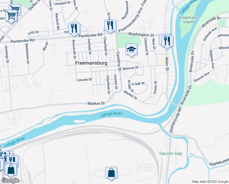 map of restaurants, bars, coffee shops, grocery stores, and more near 120 Juniata Street in Freemansburg