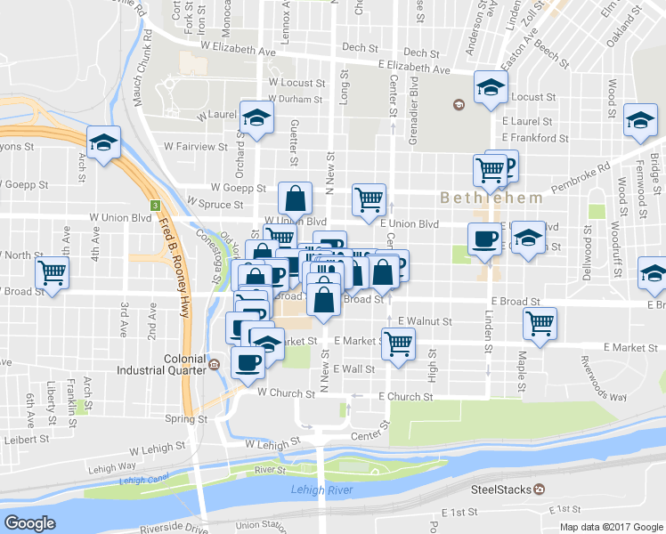 map of restaurants, bars, coffee shops, grocery stores, and more near 21 East Raspberry Street in Bethlehem