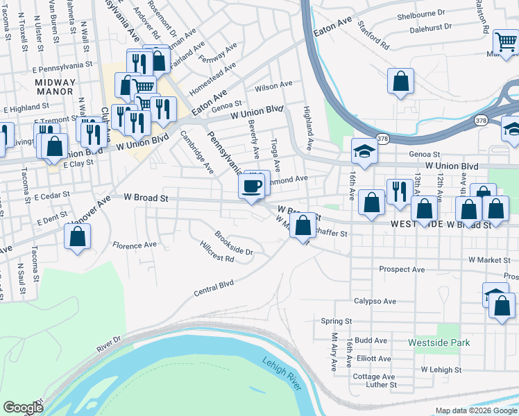 map of restaurants, bars, coffee shops, grocery stores, and more near 1881 West Market Street in Bethlehem