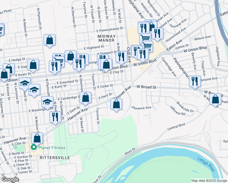 map of restaurants, bars, coffee shops, grocery stores, and more near 2123 Hanover Avenue in Allentown