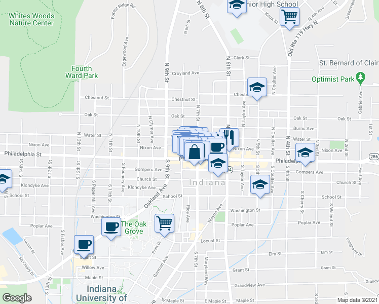 map of restaurants, bars, coffee shops, grocery stores, and more near 701 Philadelphia Street in Indiana