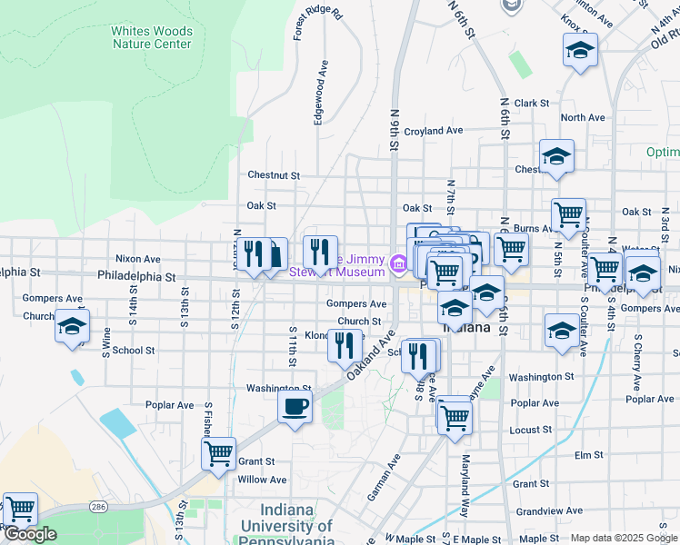 map of restaurants, bars, coffee shops, grocery stores, and more near 978 Philadelphia Street in Indiana
