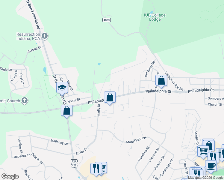 map of restaurants, bars, coffee shops, grocery stores, and more near 2203 Philadelphia Street in Indiana