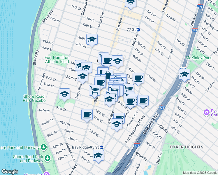 map of restaurants, bars, coffee shops, grocery stores, and more near 151 86th Street in Brooklyn
