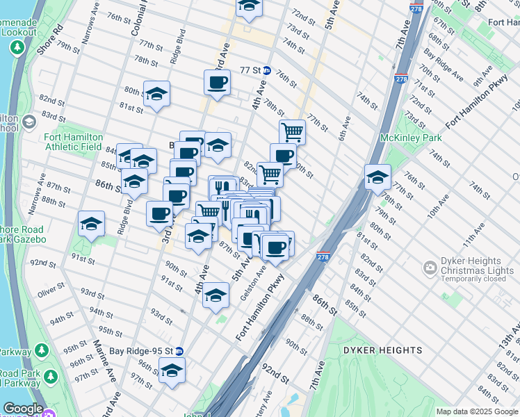 map of restaurants, bars, coffee shops, grocery stores, and more near 465 84th Street in Brooklyn