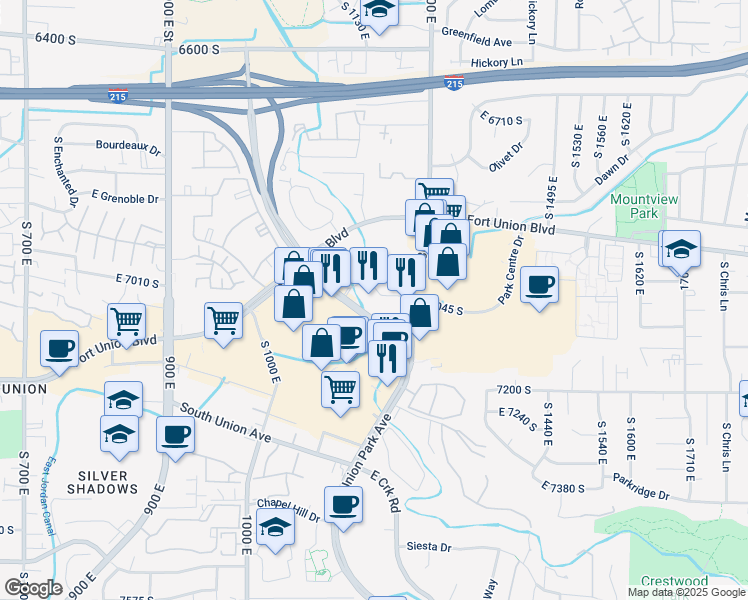 map of restaurants, bars, coffee shops, grocery stores, and more near 6985 South Union Park Center in Midvale