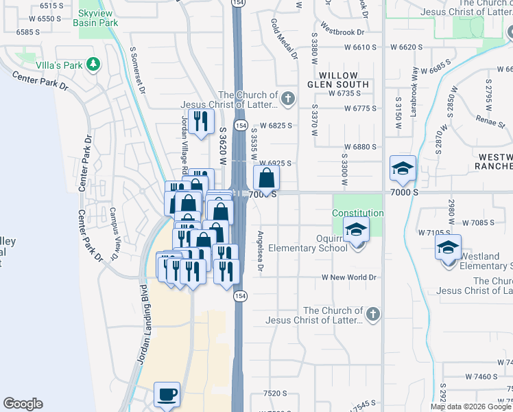 map of restaurants, bars, coffee shops, grocery stores, and more near 7106 South Angelsea Circle in West Jordan