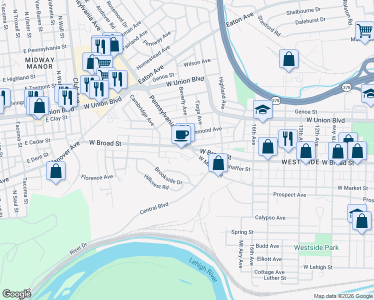 map of restaurants, bars, coffee shops, grocery stores, and more near 1881 West Market Street in Bethlehem