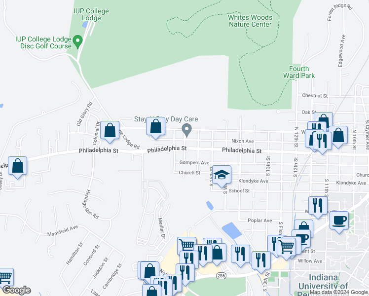 map of restaurants, bars, coffee shops, grocery stores, and more near S 16th St & Philadelphia St in Indiana