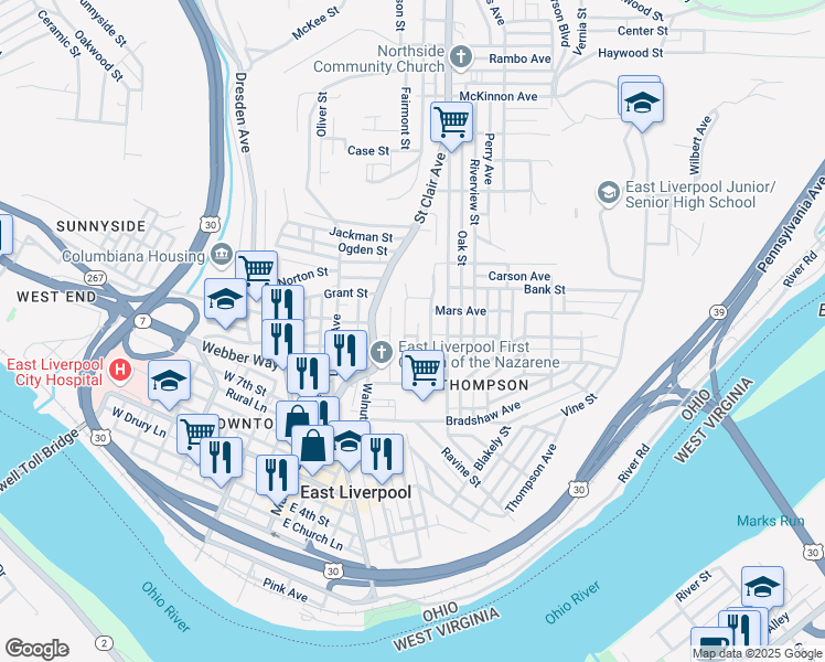 map of restaurants, bars, coffee shops, grocery stores, and more near 737 Sophia Street in East Liverpool