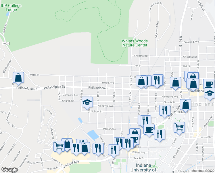 map of restaurants, bars, coffee shops, grocery stores, and more near 1335 Philadelphia Street in Indiana