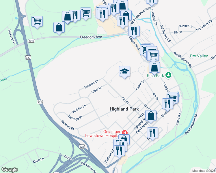 map of restaurants, bars, coffee shops, grocery stores, and more near 201 Cider Lane in Lewistown