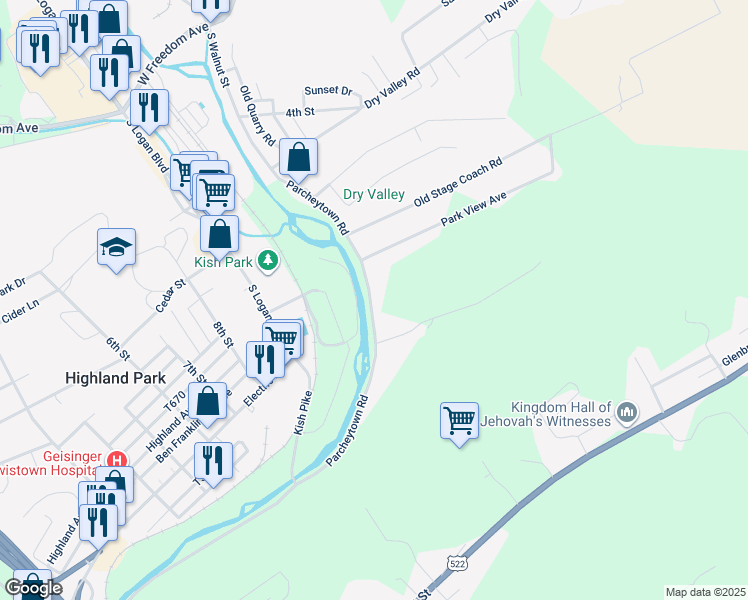 map of restaurants, bars, coffee shops, grocery stores, and more near 956 Parcheytown Road in Lewistown