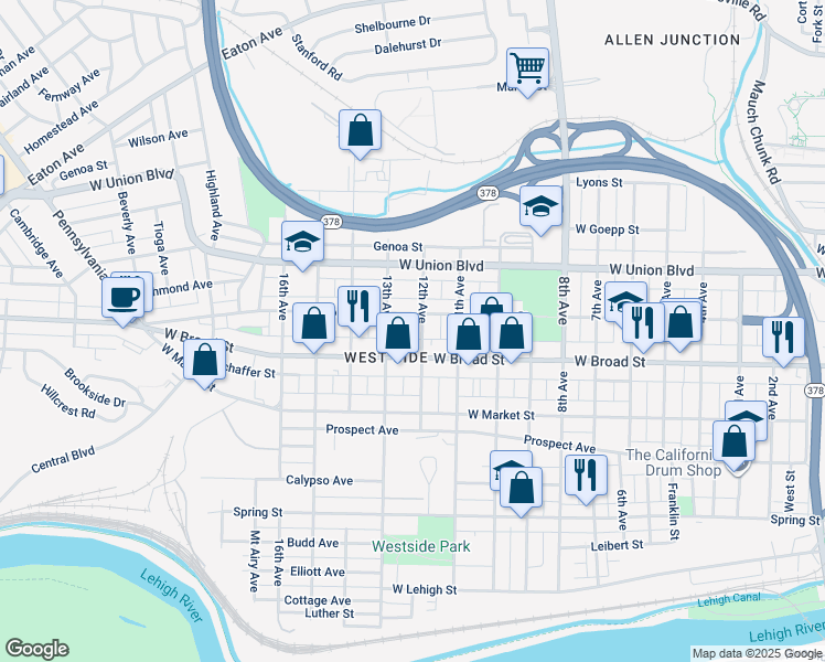 map of restaurants, bars, coffee shops, grocery stores, and more near 623-625 12th Avenue in Bethlehem
