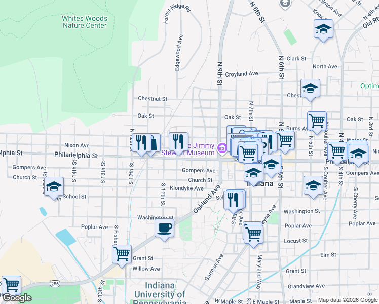 map of restaurants, bars, coffee shops, grocery stores, and more near 978 Philadelphia Street in Indiana