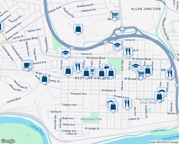 map of restaurants, bars, coffee shops, grocery stores, and more near 623-625 12th Avenue in Bethlehem