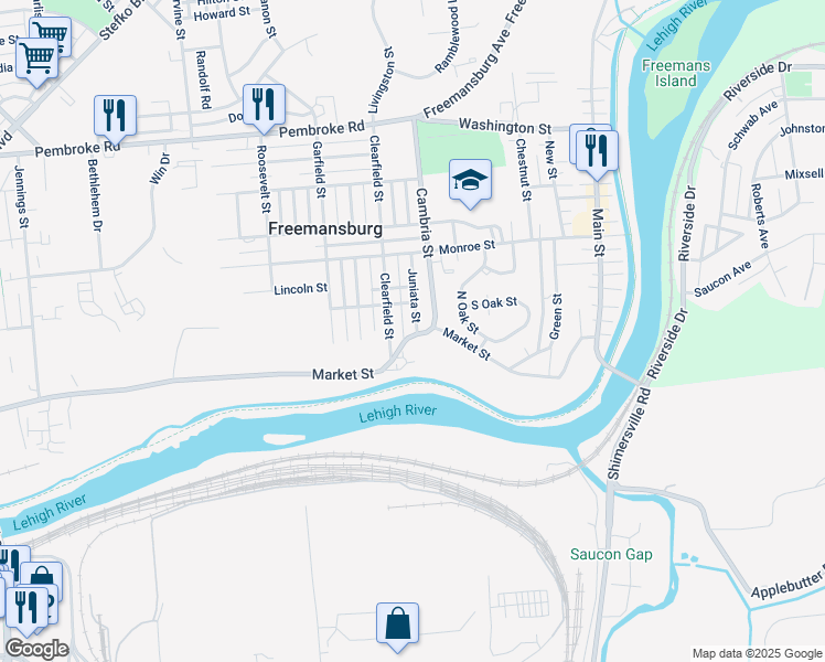 map of restaurants, bars, coffee shops, grocery stores, and more near 120 Juniata Street in Freemansburg