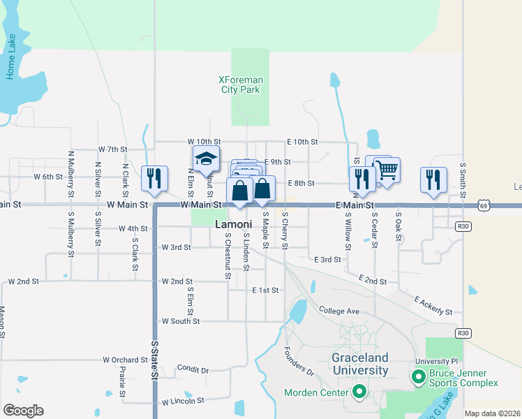 map of restaurants, bars, coffee shops, grocery stores, and more near 135 South Linden Street in Lamoni