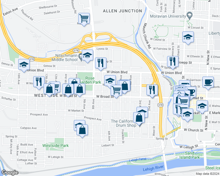 map of restaurants, bars, coffee shops, grocery stores, and more near 730 West Broad Street in Bethlehem
