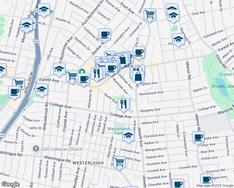 map of restaurants, bars, coffee shops, grocery stores, and more near 62 Eldridge Avenue in Staten Island