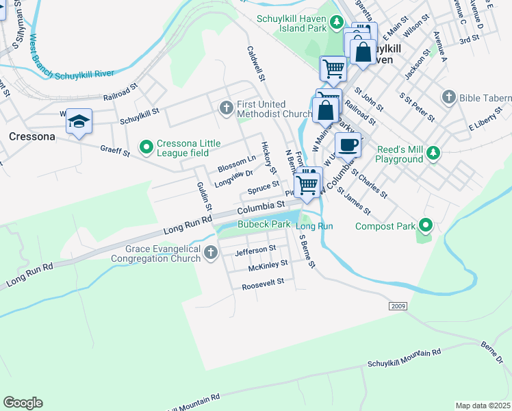 map of restaurants, bars, coffee shops, grocery stores, and more near 477 Columbia Street in Schuylkill Haven