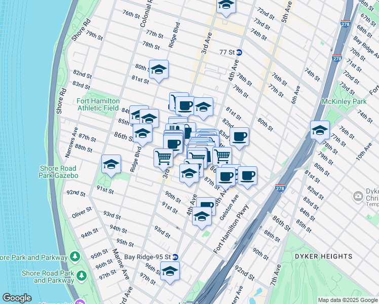 map of restaurants, bars, coffee shops, grocery stores, and more near 341 86th Street in Brooklyn