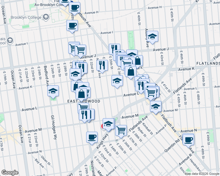 map of restaurants, bars, coffee shops, grocery stores, and more near 1338 East 34th Street in Brooklyn