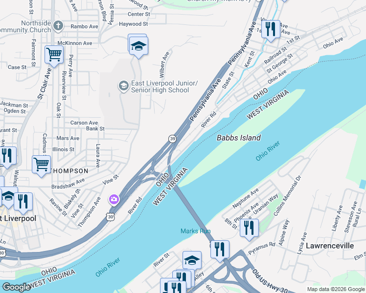 map of restaurants, bars, coffee shops, grocery stores, and more near 630 River Road in East Liverpool