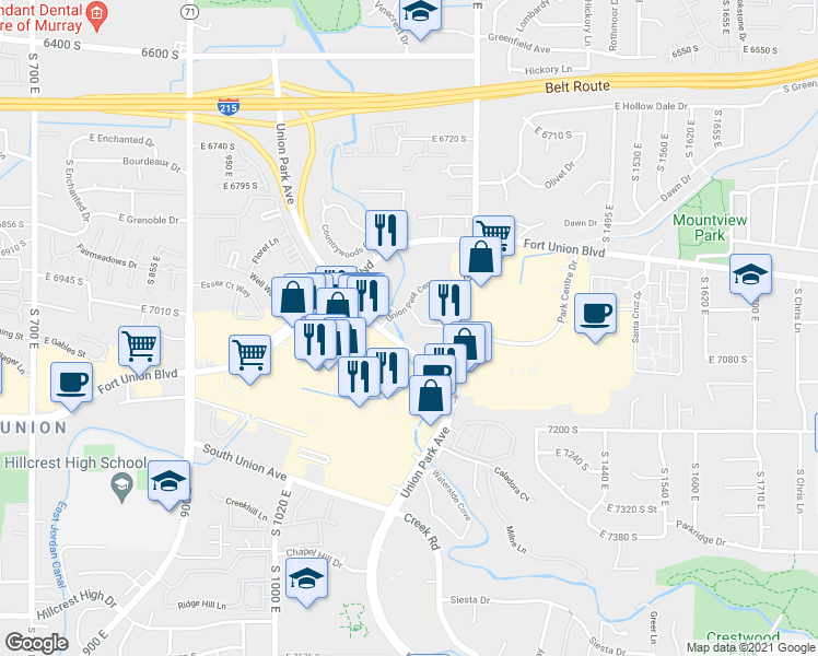 map of restaurants, bars, coffee shops, grocery stores, and more near 6985 South Union Park Center in Midvale