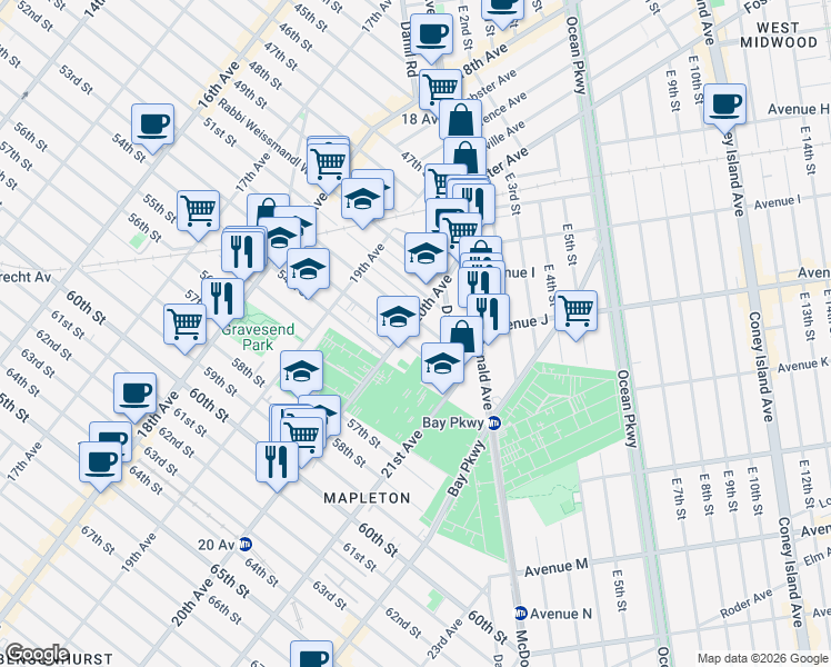 map of restaurants, bars, coffee shops, grocery stores, and more near 5301 20th Avenue in Brooklyn