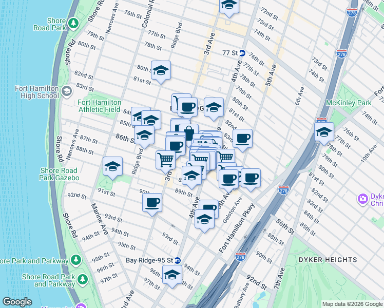 map of restaurants, bars, coffee shops, grocery stores, and more near 151 86th Street in Brooklyn