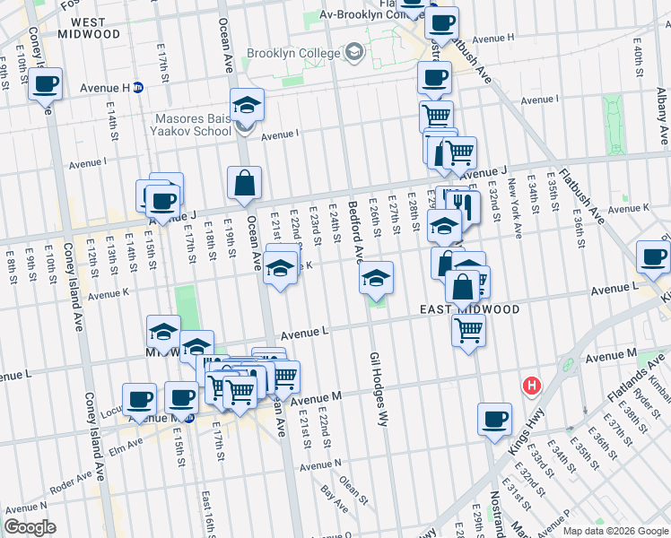 map of restaurants, bars, coffee shops, grocery stores, and more near 1123 East 23rd Street in Brooklyn