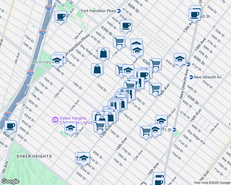 map of restaurants, bars, coffee shops, grocery stores, and more near 1227 72nd Street in Brooklyn