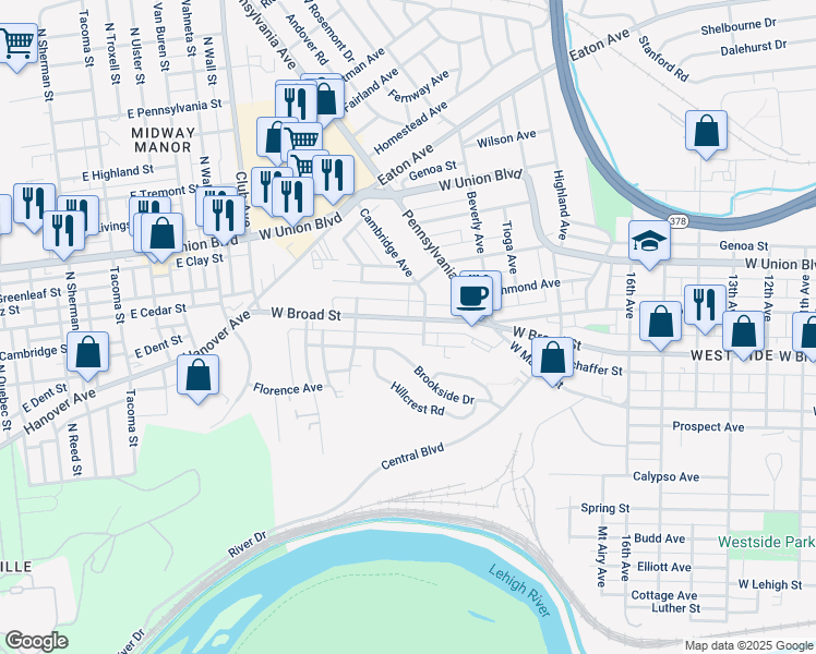 map of restaurants, bars, coffee shops, grocery stores, and more near 1968 Glendale Avenue in Bethlehem