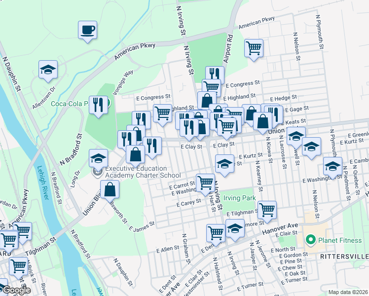 map of restaurants, bars, coffee shops, grocery stores, and more near 881 North Godfrey Street in Allentown