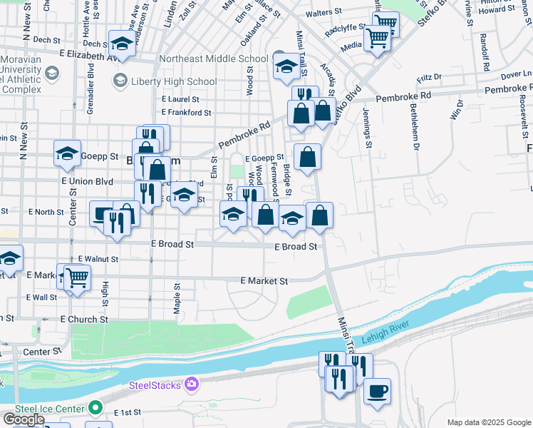 map of restaurants, bars, coffee shops, grocery stores, and more near 649 East North Street in Bethlehem