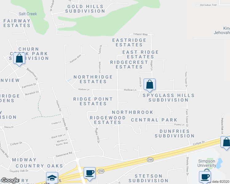 map of restaurants, bars, coffee shops, grocery stores, and more near 11550 Ridgewood Road in Redding