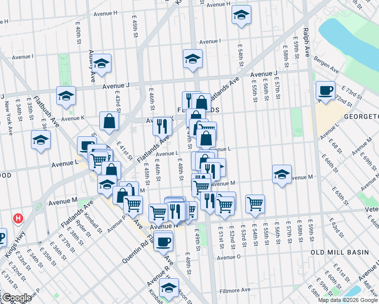 map of restaurants, bars, coffee shops, grocery stores, and more near Avenue L in Brooklyn