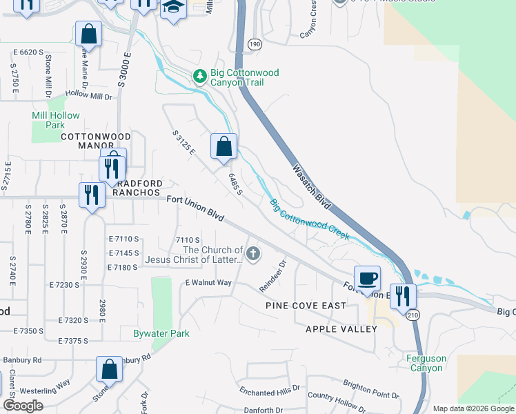 map of restaurants, bars, coffee shops, grocery stores, and more near 7041 South Monica Cove in Cottonwood Heights