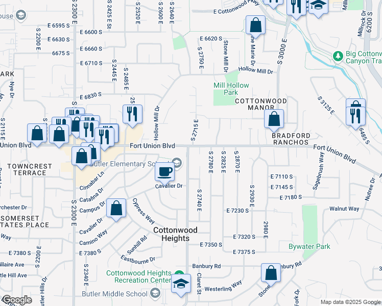 map of restaurants, bars, coffee shops, grocery stores, and more near 7026 Sunburst Circle in Cottonwood Heights