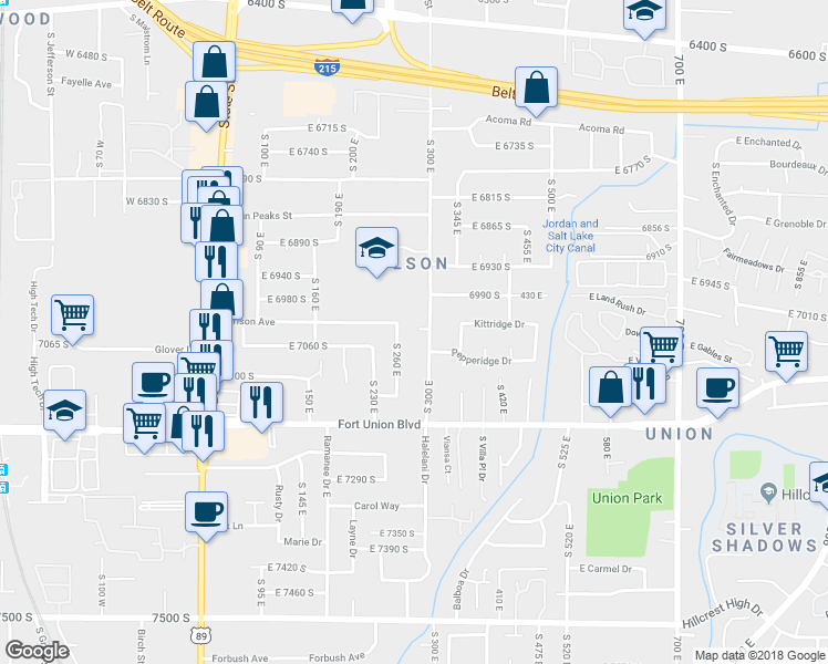 map of restaurants, bars, coffee shops, grocery stores, and more near 7070 300 East in Midvale