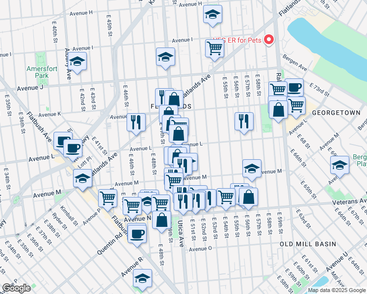 map of restaurants, bars, coffee shops, grocery stores, and more near 1533 East 51st Street in Brooklyn