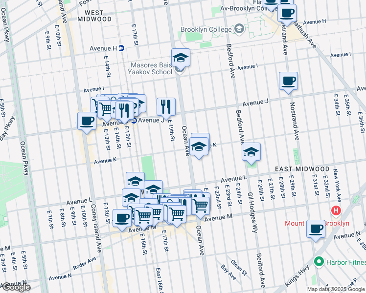 map of restaurants, bars, coffee shops, grocery stores, and more near 2001 Avenue K in Brooklyn