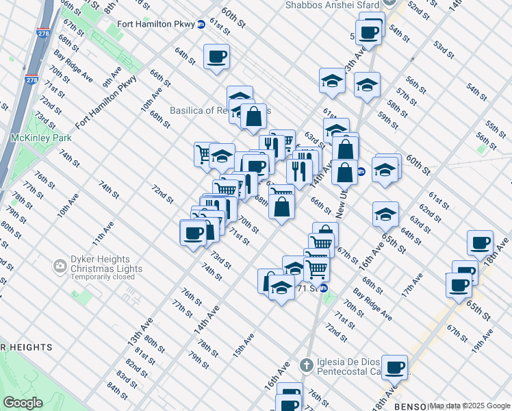 map of restaurants, bars, coffee shops, grocery stores, and more near 1353 Bay Ridge Avenue in Brooklyn