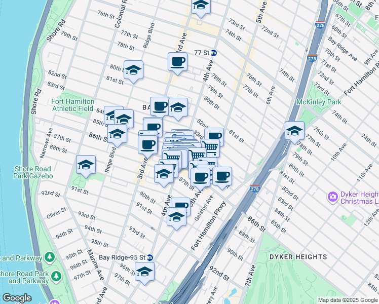 map of restaurants, bars, coffee shops, grocery stores, and more near 8620-8622 4th Avenue in Brooklyn