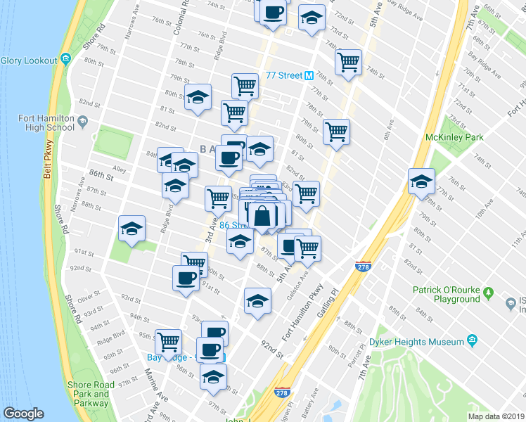 map of restaurants, bars, coffee shops, grocery stores, and more near 8620-8622 4th Avenue in Brooklyn