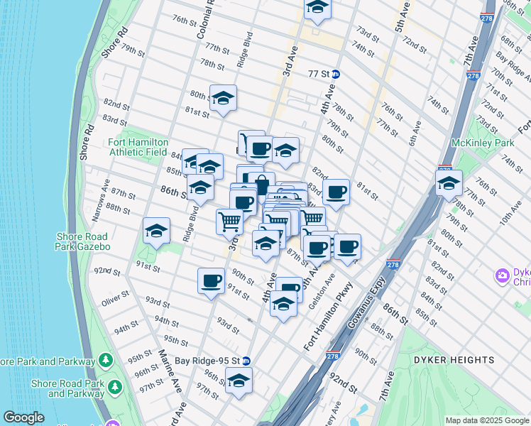 map of restaurants, bars, coffee shops, grocery stores, and more near 151 86th Street in Brooklyn