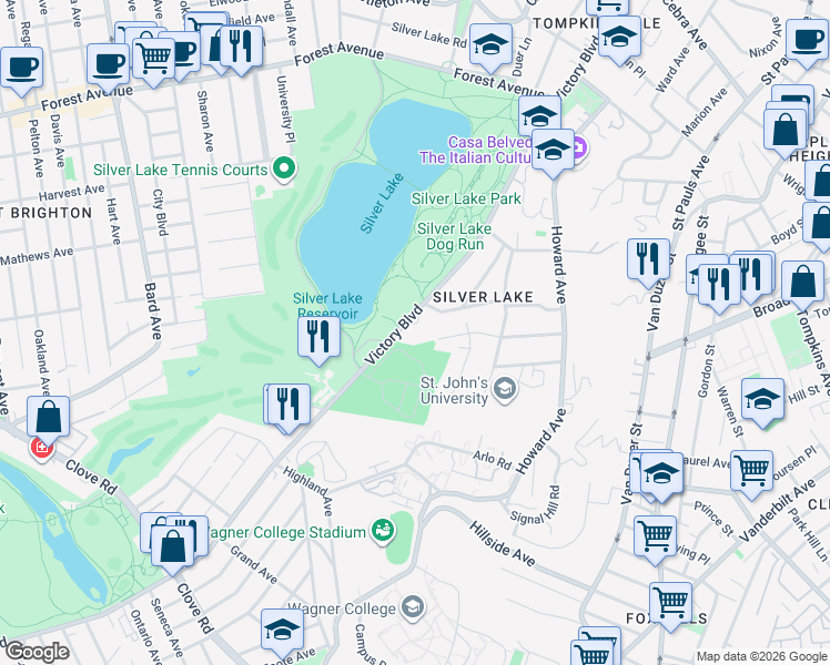 map of restaurants, bars, coffee shops, grocery stores, and more near 144 Grymes Hill Road in Staten Island