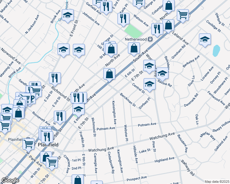 map of restaurants, bars, coffee shops, grocery stores, and more near 643 East 7th Street in Plainfield