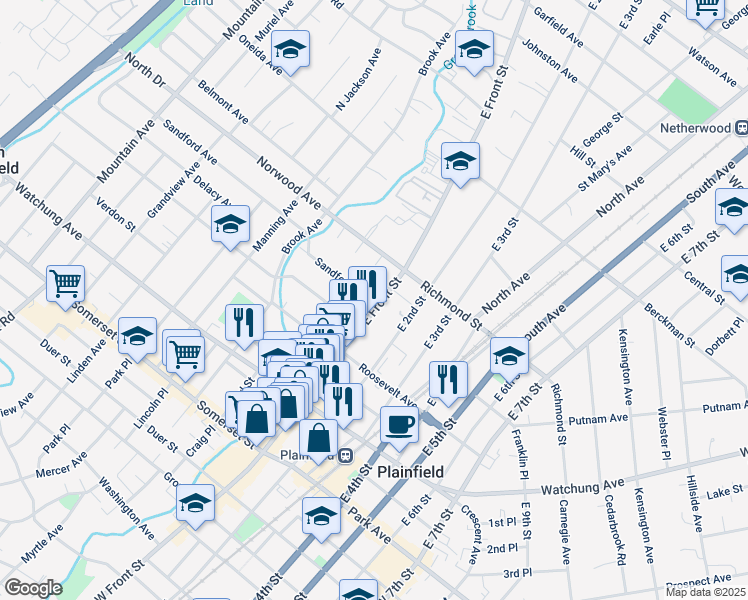map of restaurants, bars, coffee shops, grocery stores, and more near 335 East Front Street in Plainfield